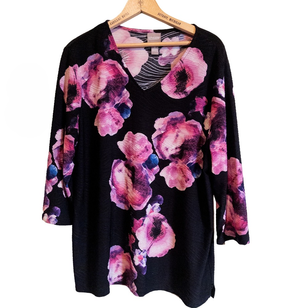 Chicos Floral V-Neck Tunic Top Textured Knit 3/4 Sleeve Womens Size 3 L/XL